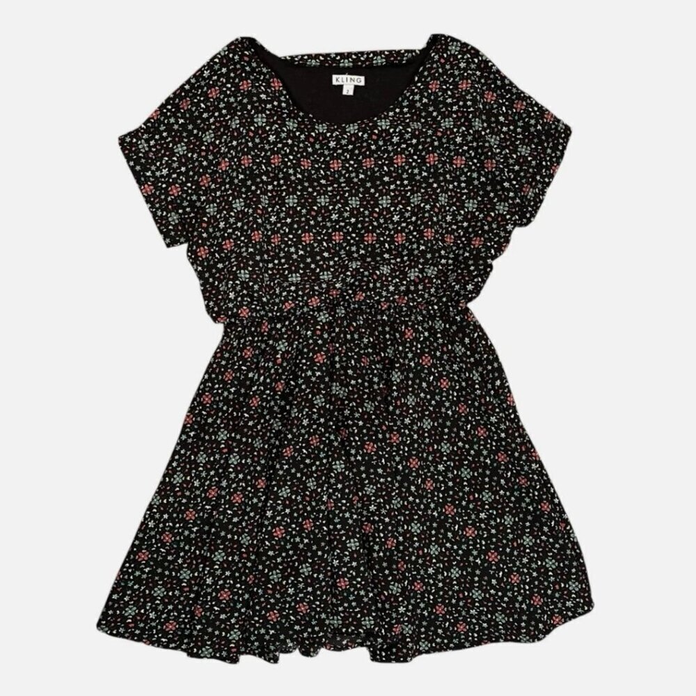 Women's 2 Black Floral Fairy Goth Cuffed Short Sleeve Casual Knee Length Dress